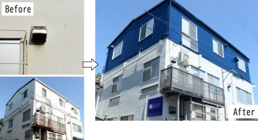 壁のヒビ補修と屋上の防水をし、外壁塗装で一新しました